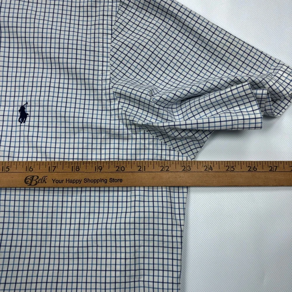 Polo Ralph Lauren Mens Large Blue White Tattersall Check Short Sleeve Shirt L